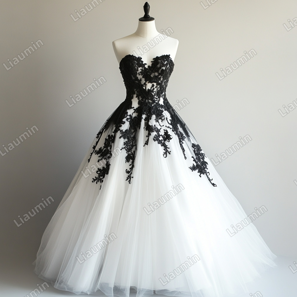 White Tulle Black Lace Applique Strapless Wedding Evening Prom Formal Lace Up Back Princess Dress C-1.13