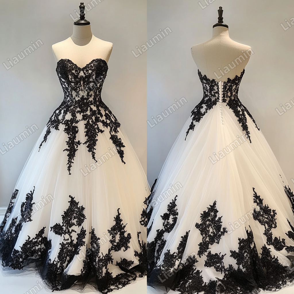 White Tulle Black Lace Applique Strapless Wedding Evening Prom Formal Lace Up Back Princess Dress C-1.14