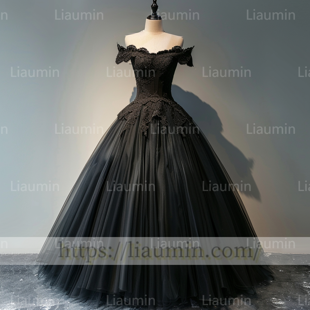 Custom Made Black Tulle Black Lace Applique Off The Shoulder Evening Prom Formal Lace Up Back Princess Dress A-1.14