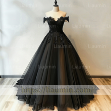 Load image into Gallery viewer, Custom Made Black Tulle Black Lace Applique Off The Shoulder Evening Prom Formal Lace Up Back Princess Dress A-1.15
