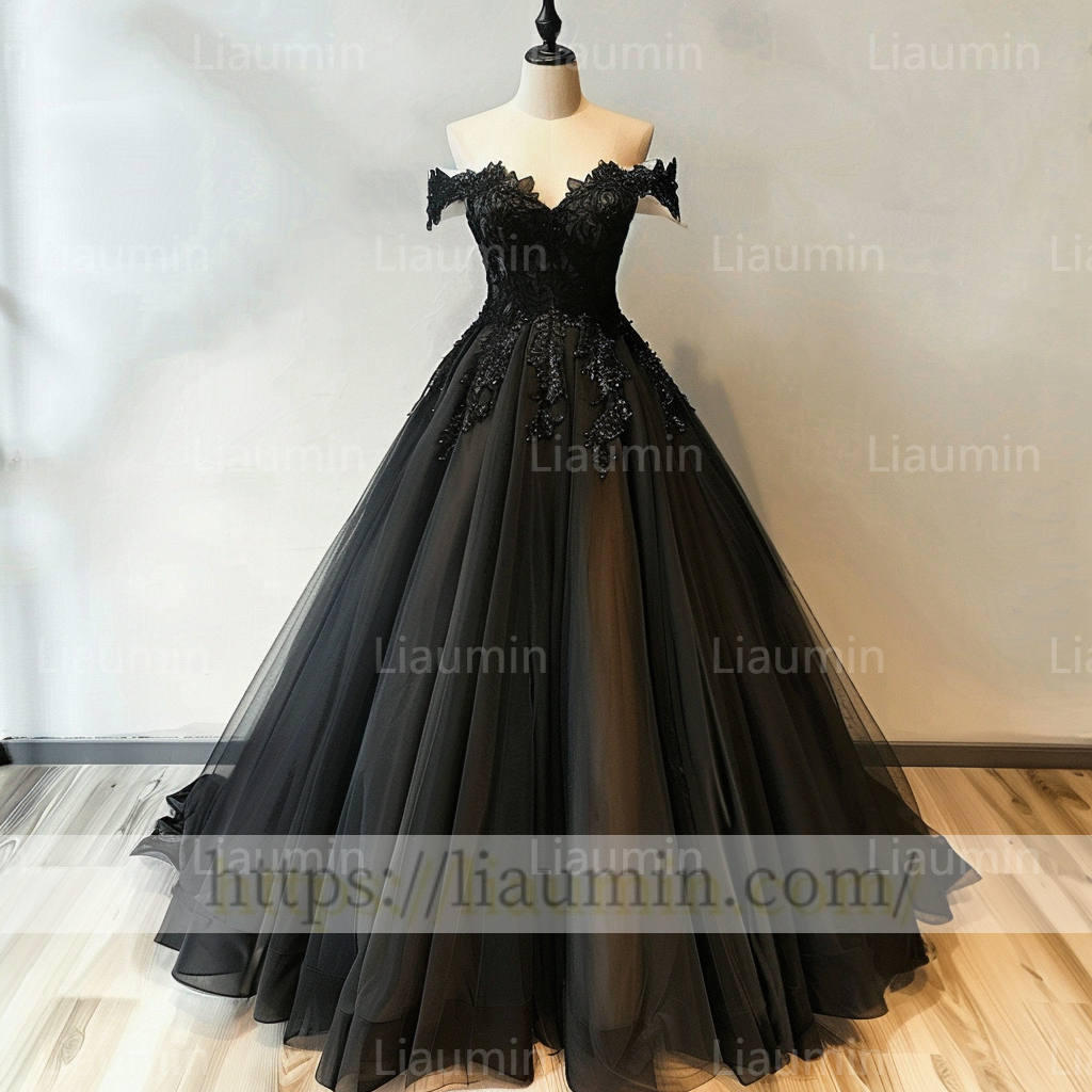 Custom Made Black Tulle Black Lace Applique Off The Shoulder Evening Prom Formal Lace Up Back Princess Dress A-1.15