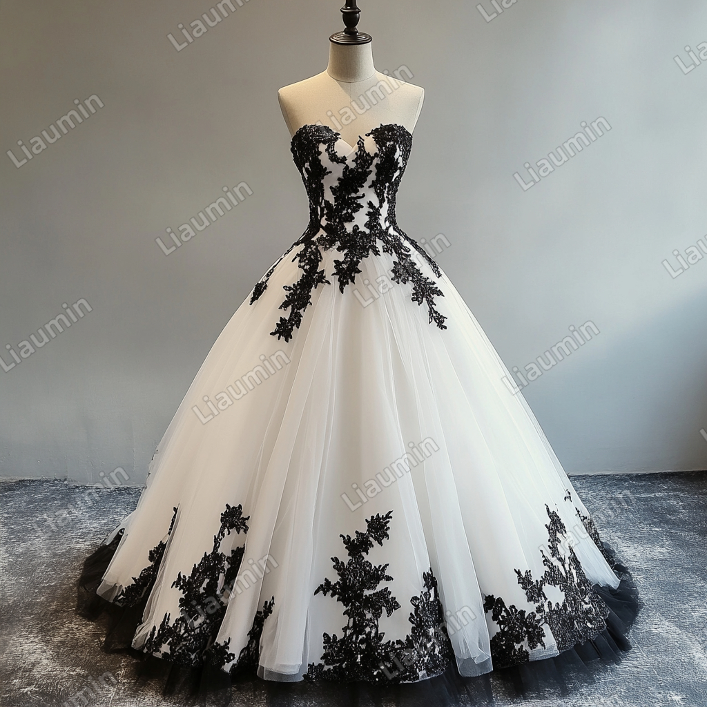 White Tulle Black Lace Applique Strapless Wedding Evening Prom Formal Lace Up Back Princess Dress C-1.15