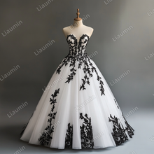 Load image into Gallery viewer, Custom White Tulle Black Lace Applique Strapless Wedding Evening Prom Formal Lace Up Back Princess Dress C-1.16
