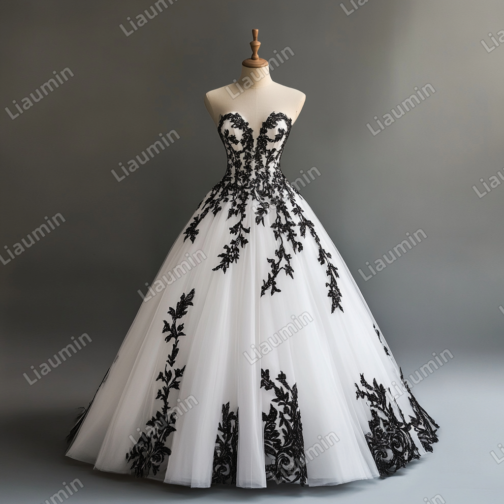 Custom White Tulle Black Lace Applique Strapless Wedding Evening Prom Formal Lace Up Back Princess Dress C-1.16