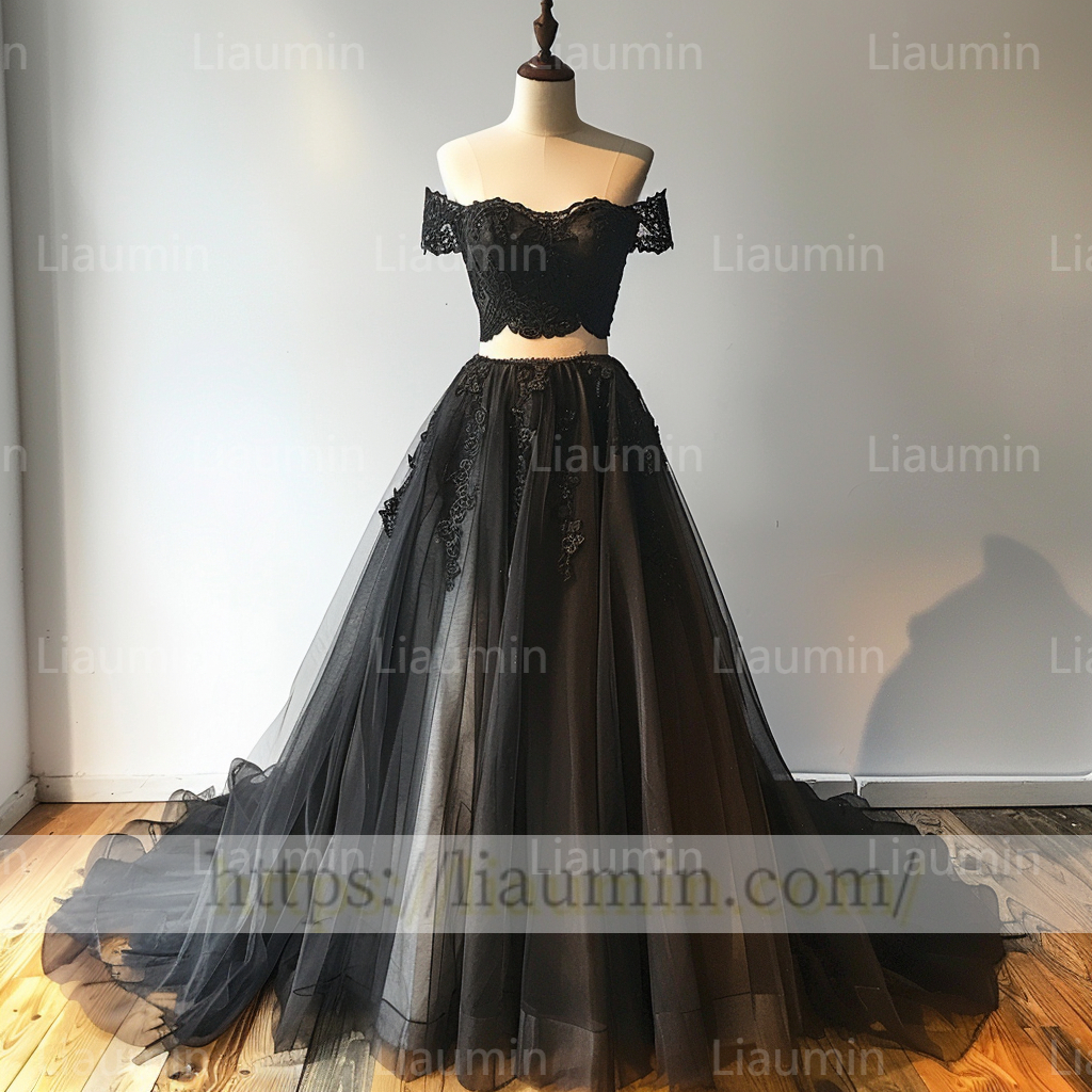 Custom Made 2 Pcs Set Black Tulle Black Lace Applique Off The Shoulder Evening Prom Formal Lace Up Back Princess Dress A-1.16