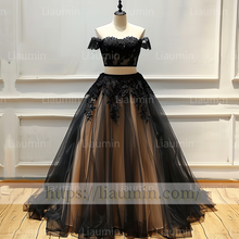 Load image into Gallery viewer, Custom Made Champagne and Black Lace Applique Off The Shoulder Evening Prom Formal Lace Up Back Princess Dress A-1.17
