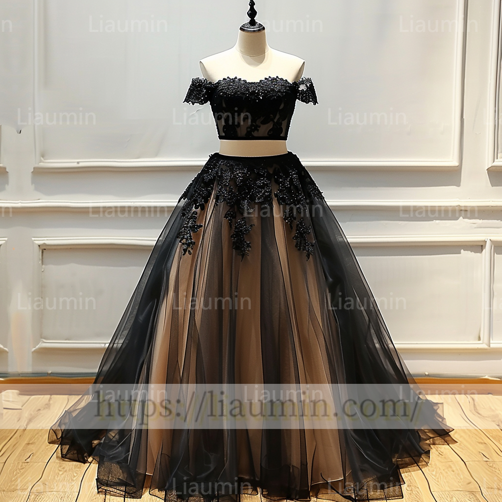 Custom Made Champagne and Black Lace Applique Off The Shoulder Evening Prom Formal Lace Up Back Princess Dress A-1.17