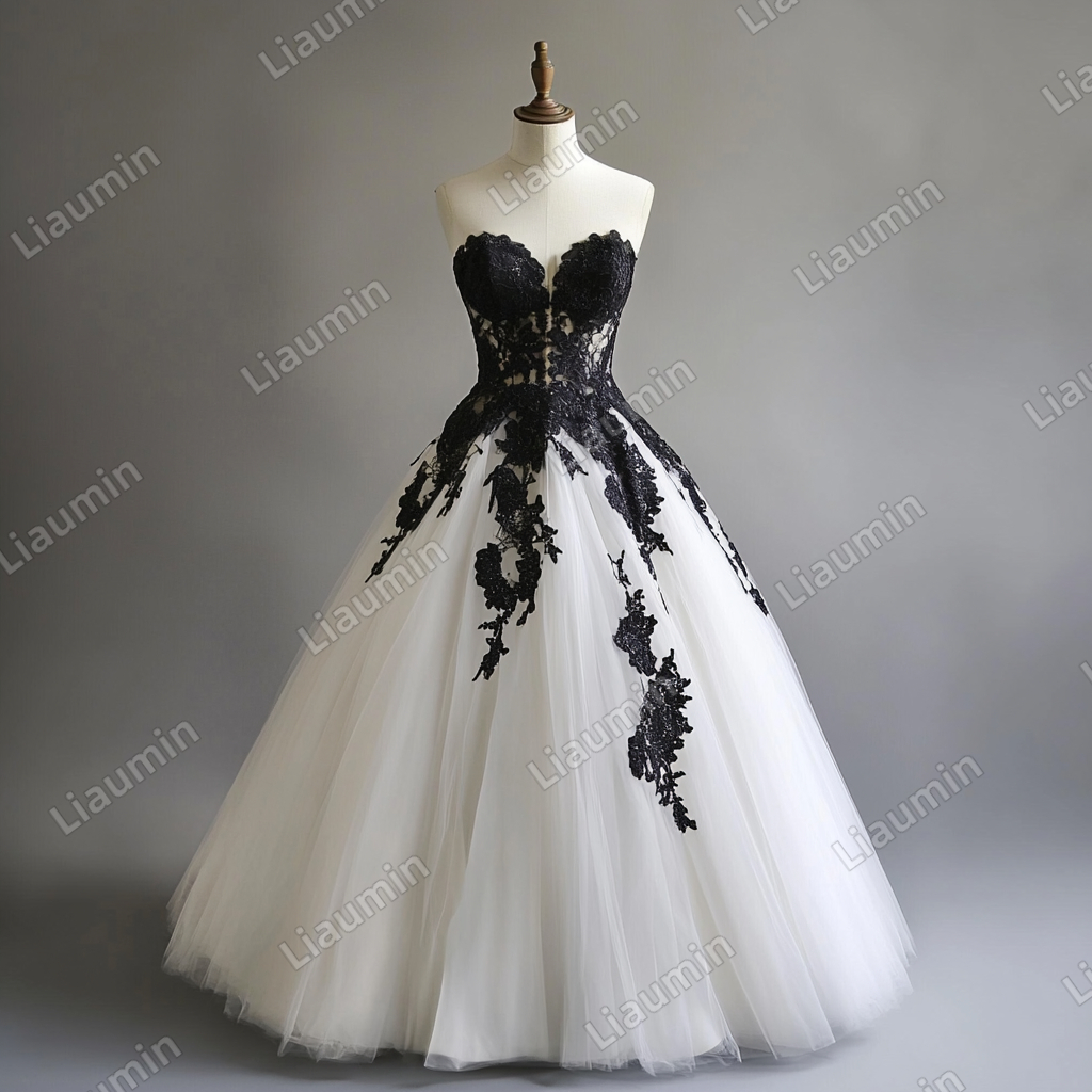 Custom White Tulle Black Lace Applique Strapless Wedding Evening Prom Formal Lace Up Back Princess Dress C-1.17