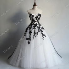 Load image into Gallery viewer, Custom White Tulle Black Lace Applique Strapless Wedding Evening Prom Formal Lace Up Back Princess Dress C-1.18
