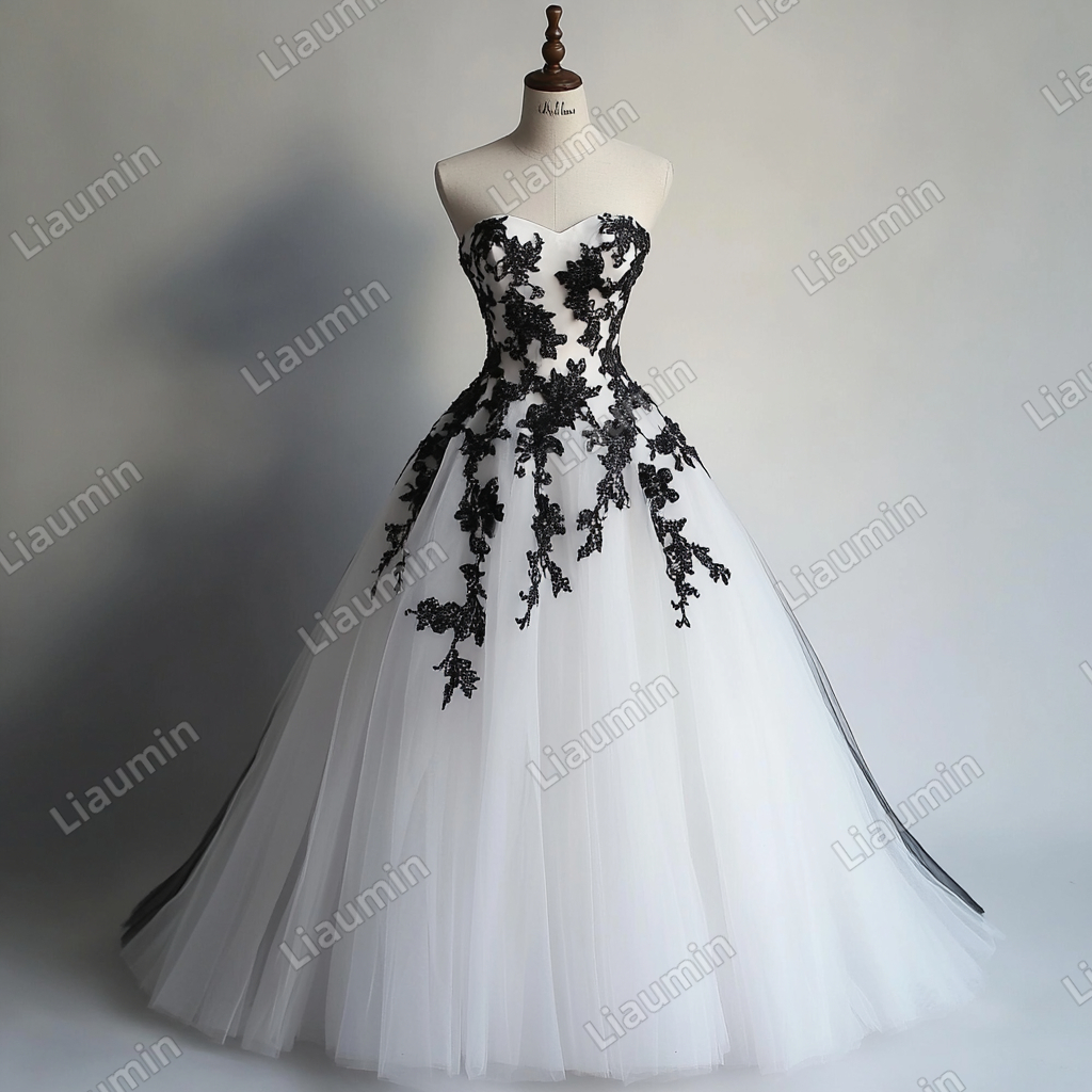 Custom White Tulle Black Lace Applique Strapless Wedding Evening Prom Formal Lace Up Back Princess Dress C-1.18