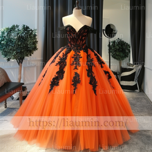 Load image into Gallery viewer, Custom Made Orange Tulle and Black Lace Applique Off The Shoulder Evening Prom Formal Lace Up Back Princess Dress A-1.18
