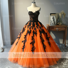 Load image into Gallery viewer, Custom Made Orange Tulle and Black Lace Applique Evening Prom Formal Lace Up Back Princess Dress A-1.19
