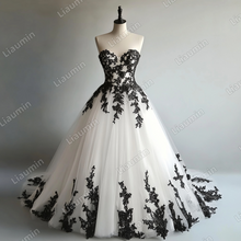 Load image into Gallery viewer, Custom White Tulle Black Lace Applique Strapless Wedding Evening Prom Formal Lace Up Back Princess Dress C-1.19
