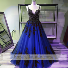 Load image into Gallery viewer, Black Lace Applique Spaghetti Straps A Line Evening Party Prom Princess Dress  W13-1
