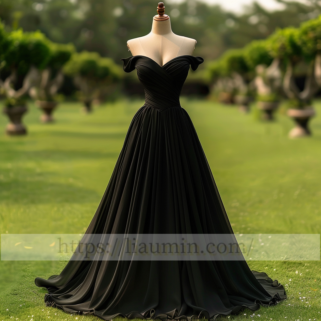 Black Full Length Off the Shoulder Evening Party Prom Formal Occasion Princess Dress W15-1.1