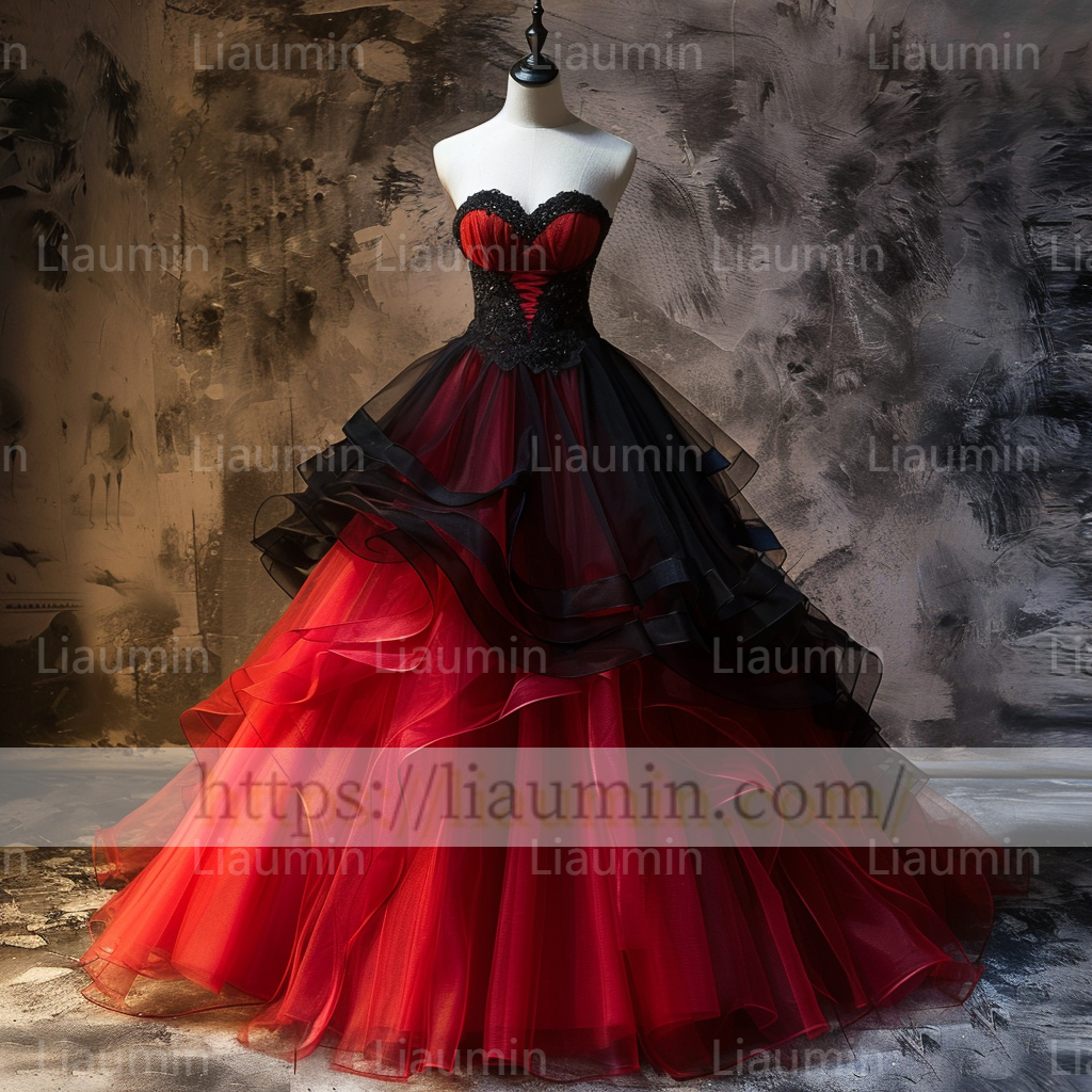 Red Tulle Black Lace Applique Evening Party Prom Formal Occasion Princess Dress A-1.1