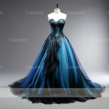 Load image into Gallery viewer, Blue Tulle Black Lace Applique Strapless Evening Party Prom Formal Occasion Princess Dress B-1.1
