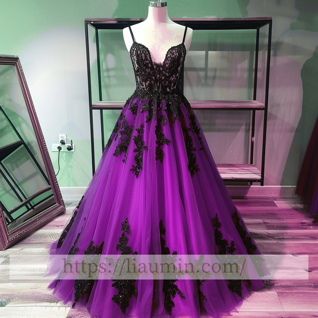 Black Lace Applique Spaghetti Straps A Line Evening Party Prom Princess Dress  W13-1