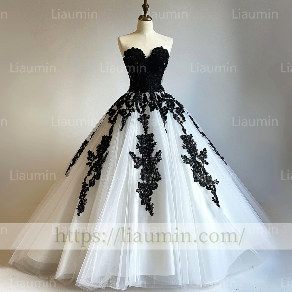 Custom Made White Tulle and Black Lace Applique Evening Prom Formal Lace Up Back Princess Dress A-1.20