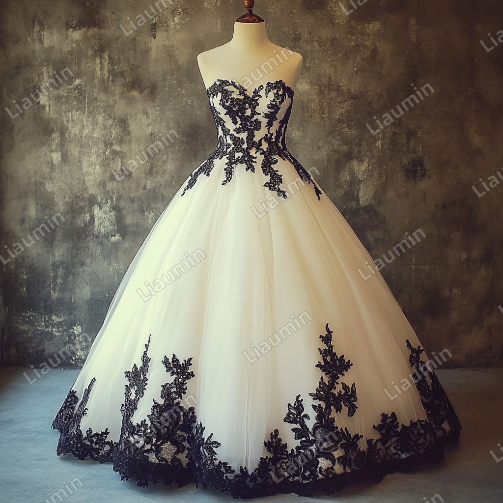 Custom Ivory Tulle Black Lace Applique Strapless Wedding Evening Prom Formal Lace Up Back Princess Dress C-1.20