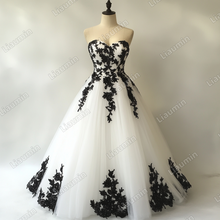 Load image into Gallery viewer, Custom White Tulle Black Lace Applique Strapless Wedding Evening Prom Formal Lace Up Back Princess Dress C-1.21
