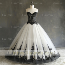 Load image into Gallery viewer, Custom Hand Made White Tulle and Black Lace Applique Evening Prom Formal Lace Up Back Princess Dress A-1.21
