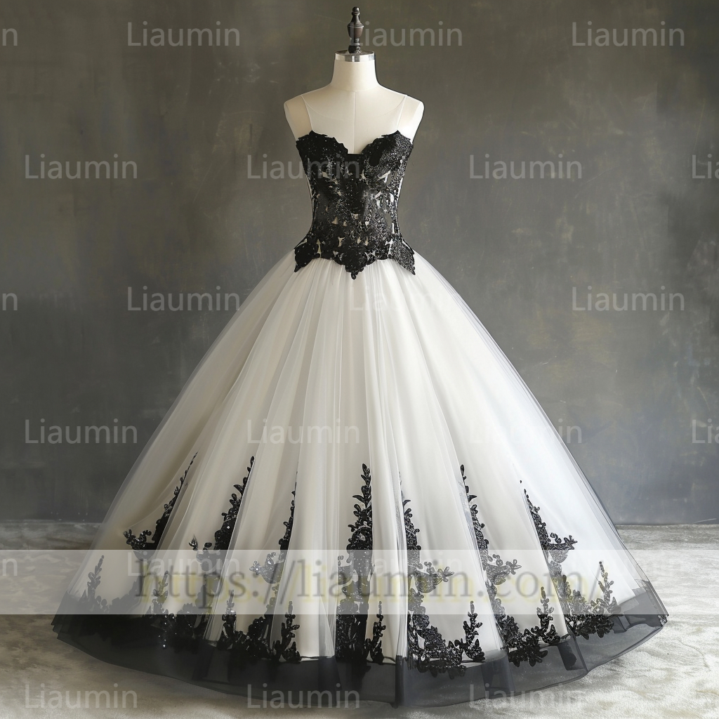 Custom Hand Made White Tulle and Black Lace Applique Evening Prom Formal Lace Up Back Princess Dress A-1.21