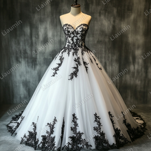 Load image into Gallery viewer, Custom White Tulle Black Lace Applique Strapless Wedding Evening Prom Formal Lace Up Back Princess Dress C-1.22
