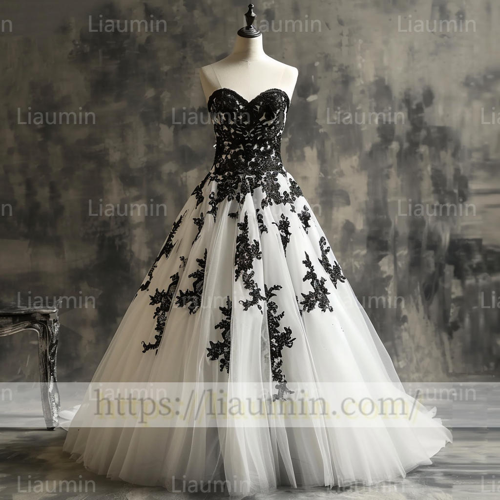 Custom A Line White Tulle and Black Lace Applique Evening Prom Formal Lace Up Back Princess Dress A-1.22