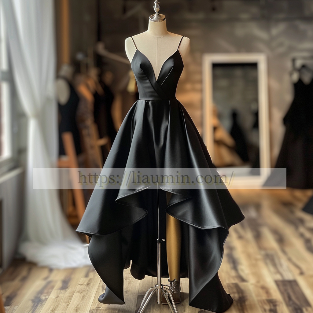 Black Spaghetti Straps Hi-Lo Evening Party Prom Formal Occasion Princess Dress W5-1.23