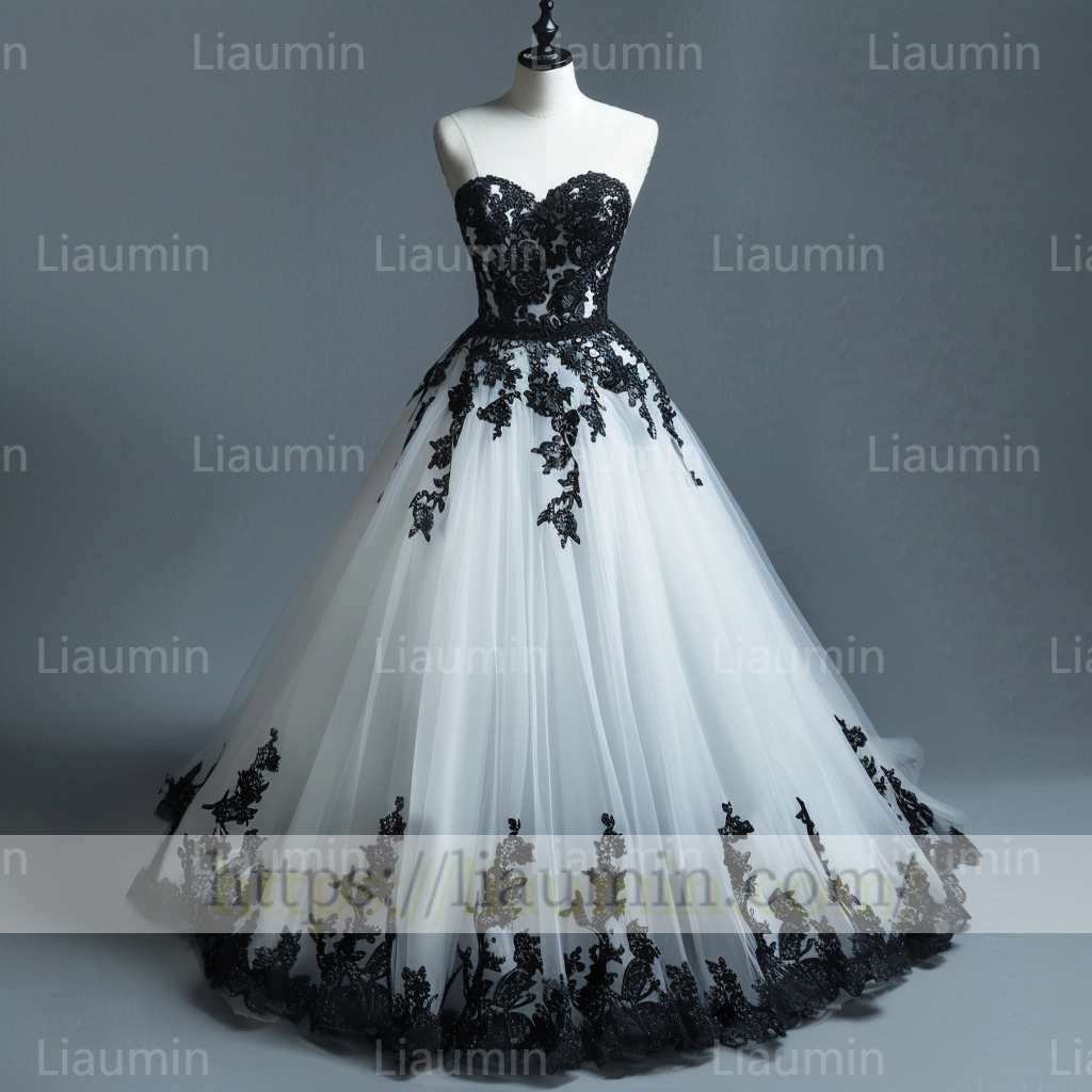 Custom Made Classic White Tulle and Black Lace Applique Evening Prom Formal Lace Up Back Princess Dress A-1.24