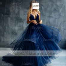 Load image into Gallery viewer, Custom Made Navy Blue V Neck Evening Prom Formal Lace Up Back Princess Dress A-1.25
