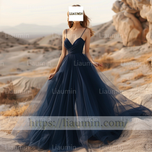 Load image into Gallery viewer, Custom Made Navy Blue V Neck Strap Evening Prom Formal Lace Up Back Princess Dress A-1.26
