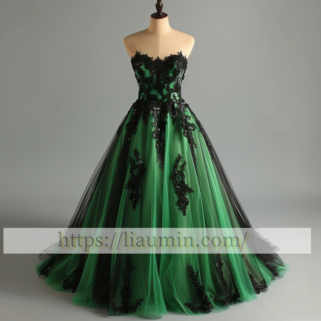 Green Tulle And Black Applique Evening Prom Formal Brithday Dress Princess Homecoming Skirt A-1.26