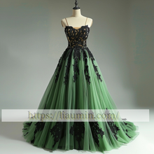 Load image into Gallery viewer, Green Tulle And Black Lace Evening Prom Formal Brithday Dress Princess Homecoming Skirt A-1.29
