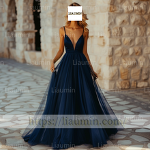 Load image into Gallery viewer, Custom Sexy V Neck Navy Blue Strapless Evening Prom Formal Lace Up Back Princess Dress A-1.29
