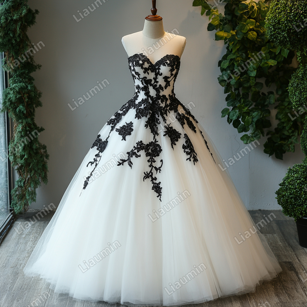 White Tulle and Black Lace Applique Wedding Evening Prom Formal Lace Up Back Princess Dress C-1.2