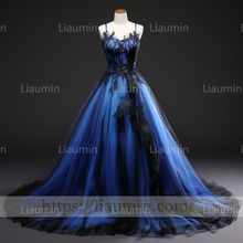 Load image into Gallery viewer, Blue Tulle Black Lace Applique Strapless Evening Party Prom Formal Occasion Princess Dress B-1.2
