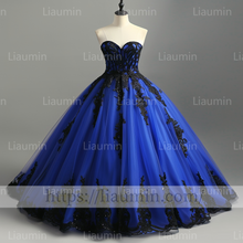 Load image into Gallery viewer, Blue Tulle Black Lace Applique Strapless Evening Party Prom Formal Occasion Princess Dress A-1.2
