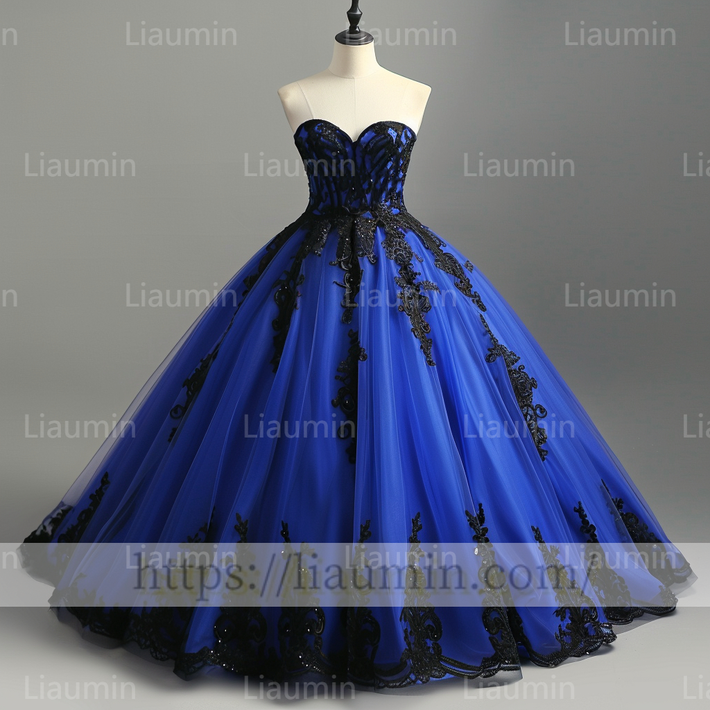 Blue Tulle Black Lace Applique Strapless Evening Party Prom Formal Occasion Princess Dress A-1.2