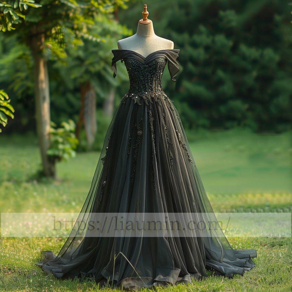 Black Full Length Off the Shoulder Evening Party Prom Formal Princess Dress W15-1.2
