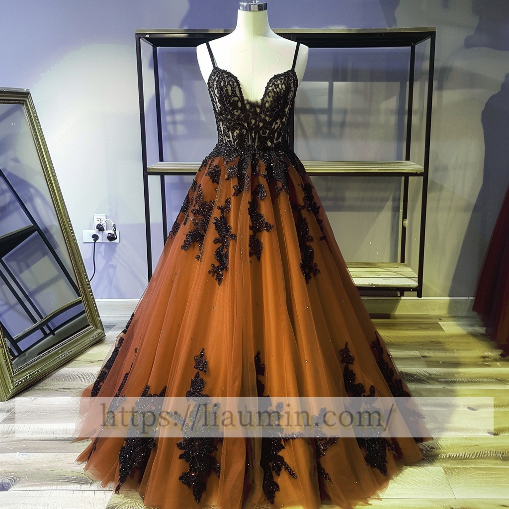 Black Lace Applique Spaghetti Straps A Line Evening Party Prom Princess Dress  W13-1