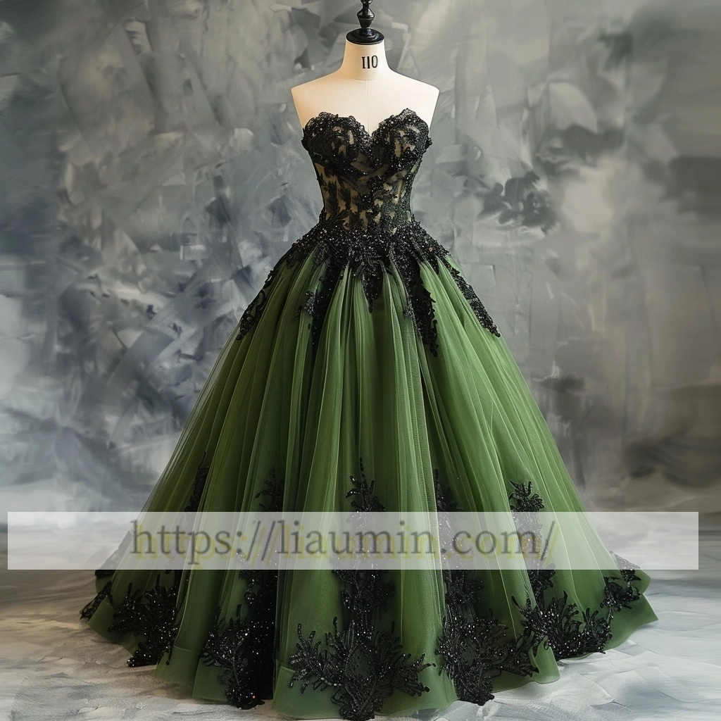 Green Tulle And Black Applique Evening Party Prom Formal Princess Homecoming Skirt A-1.30