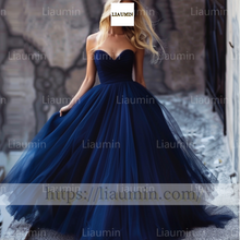 Load image into Gallery viewer, Custom Sexy Navy Blue Strapless Evening Prom Formal Lace Up Back Princess Dress A-1.30
