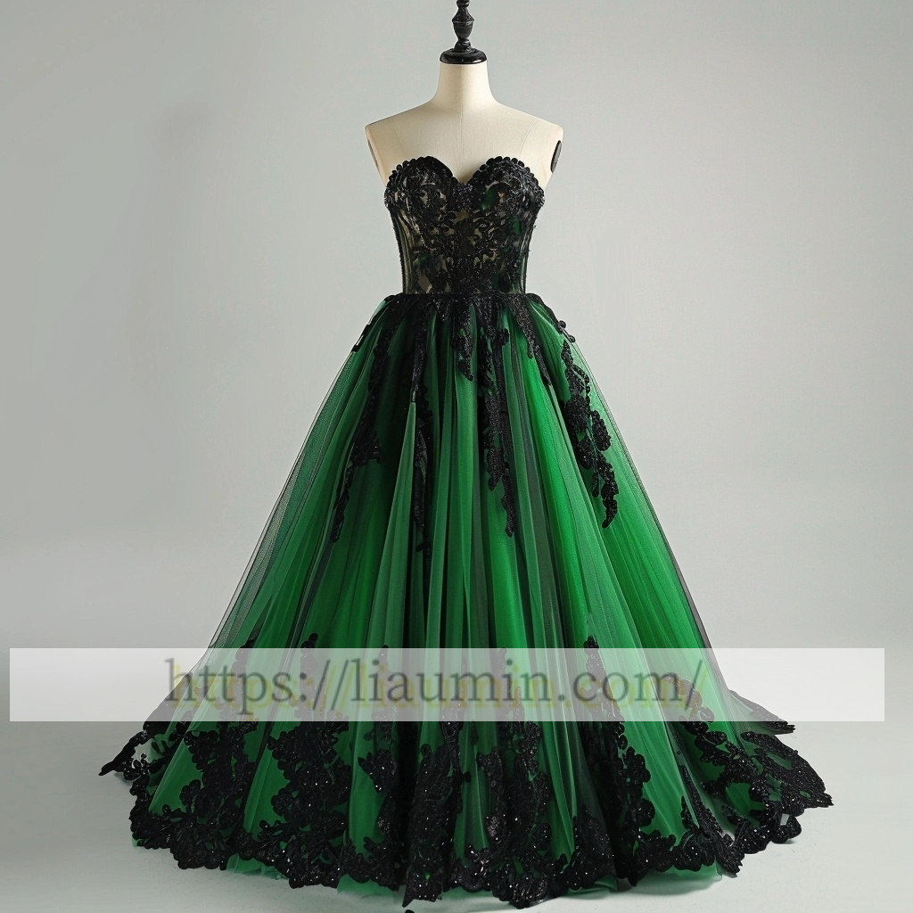 Green Tulle With Black Lace Evening Prom Formal Brithday Dress  Lace Up Back Princess Homecoming Skirt A-1.31