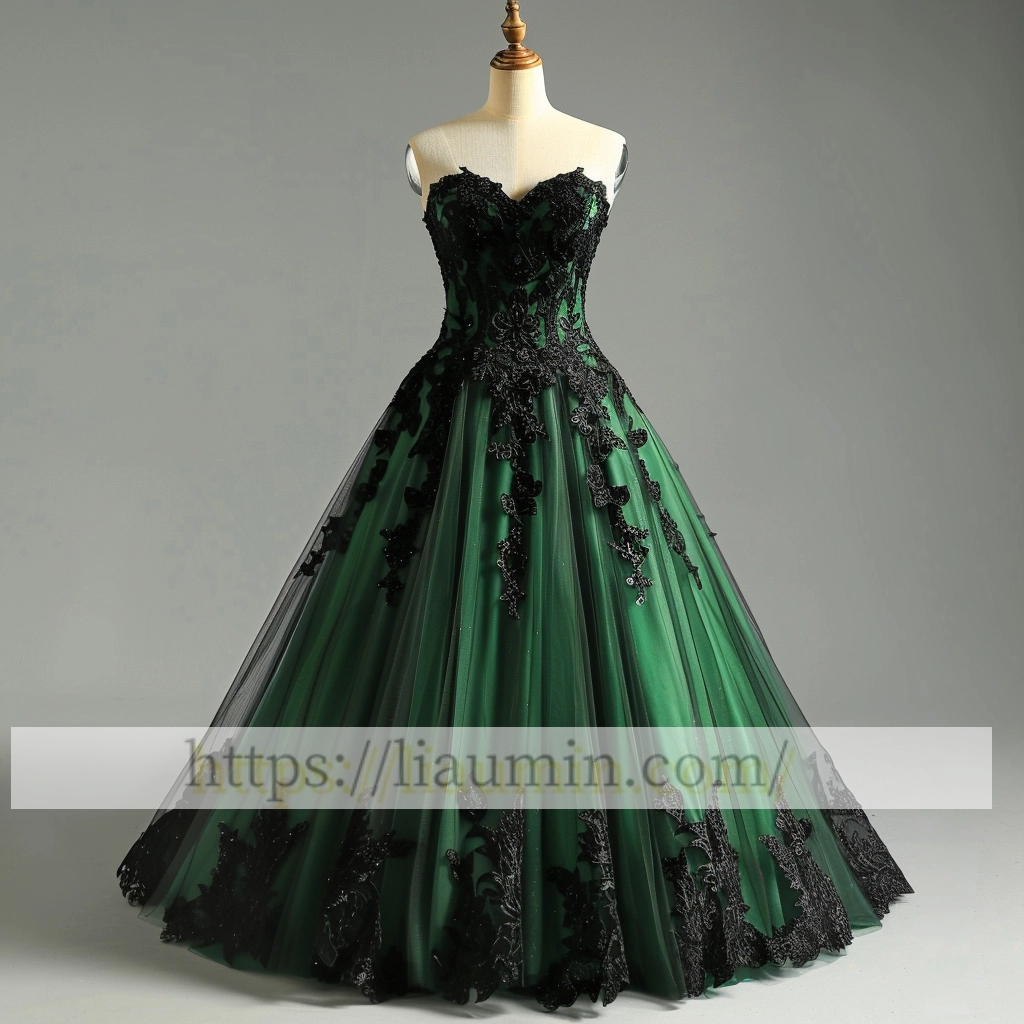 Green Tulle With Black Applique Evening Dress Party Prom Formal Princess Homecoming Skirt A-1.32