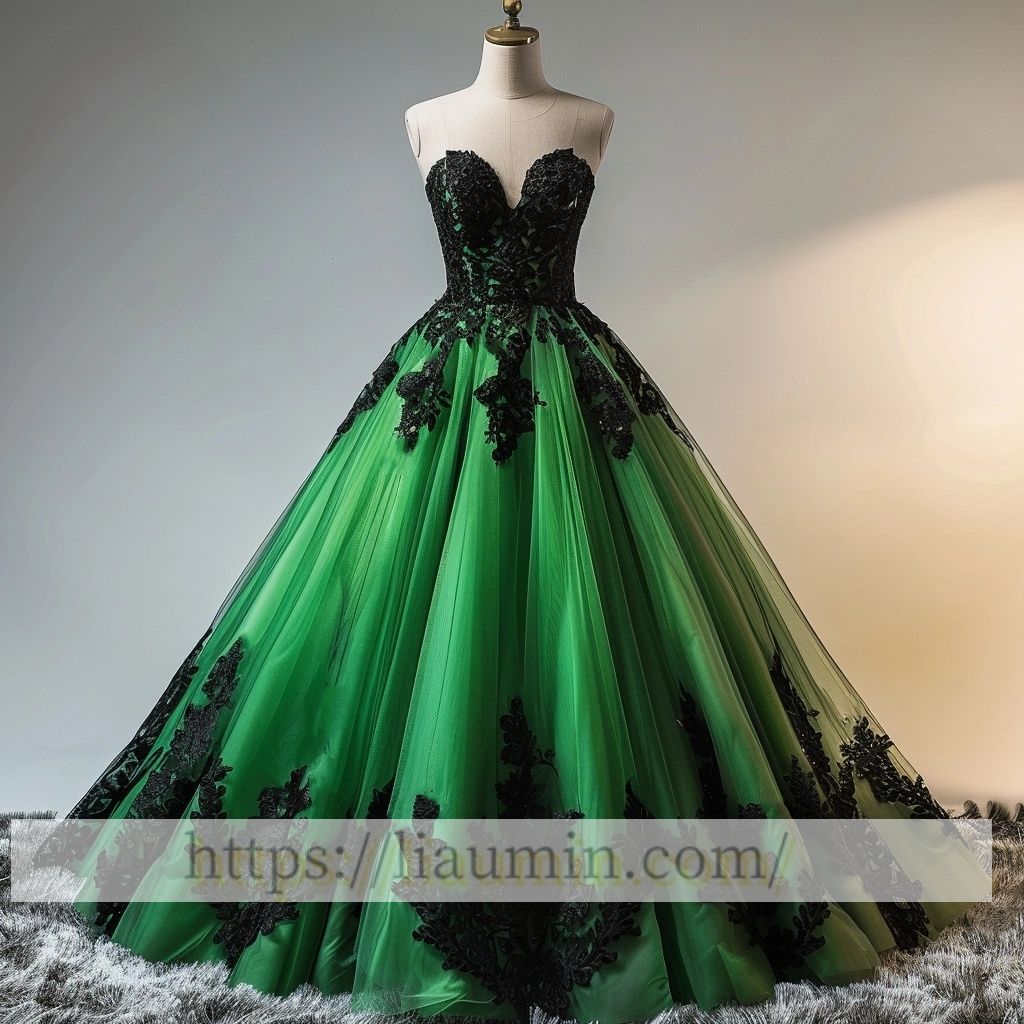 Green Tulle With Black Lace Evening Prom Dress Formal Brithday Dress  Lace Up Back Princess Homecoming Skirt A-1.33