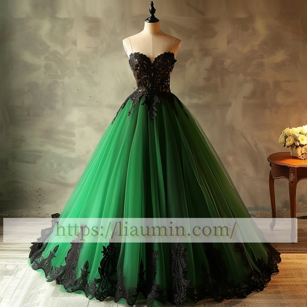 Green Tulle Black Applique Strapless Evening Dress Party Prom Formal Princess Homecoming Skirt A-1.34