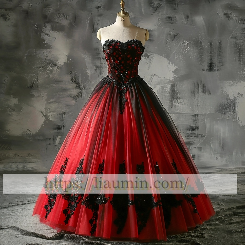 Red Tulle With Black Lace Evening Prom Dress Formal Brithday Dress Lace Up Back Princess Homecoming Skirt A-1.35