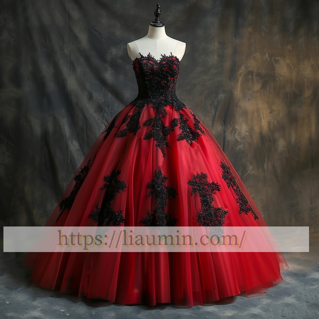 Red Tulle Black Lace Evening Prom Dress Formal Brithday Dress Lace Up Back Princess Homecoming Skirt A-1.37